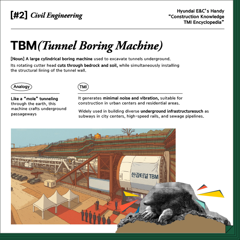 #2. Civil Engineering TBM (Tunnel Boring Machine) [Noun]  A large cylindrical boring machine used to excavate tunnels underground. Its rotating cutter head cuts through bedrock and soil, while simultaneously installing the structural lining of the tunnel wall. Analogy Like a “mole” tunneling through the earth, this machine crafts underground passageways. TMI It generates minimal noise and vibration, suitable for construction in urban centers and residential areas. Widely used in building diverse underground infrastructure such as subways in city centers, high-speed rails, and sewage pipelines.